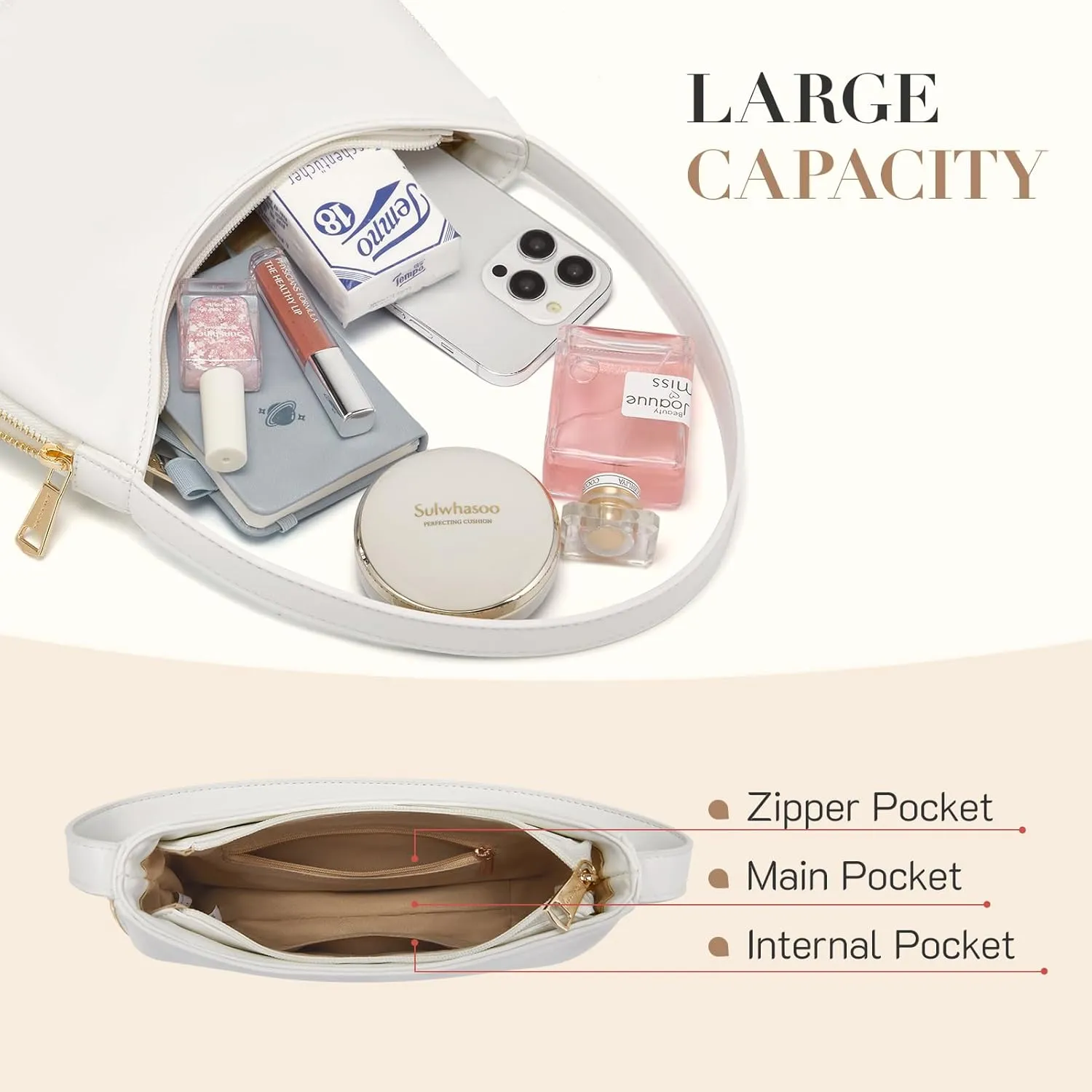 Missnine Shoulder Bag for Women Small Purse with Expansion Zipper Crescent Clutch Purse Vegan Leather Hobo Bag Trendy Handbag