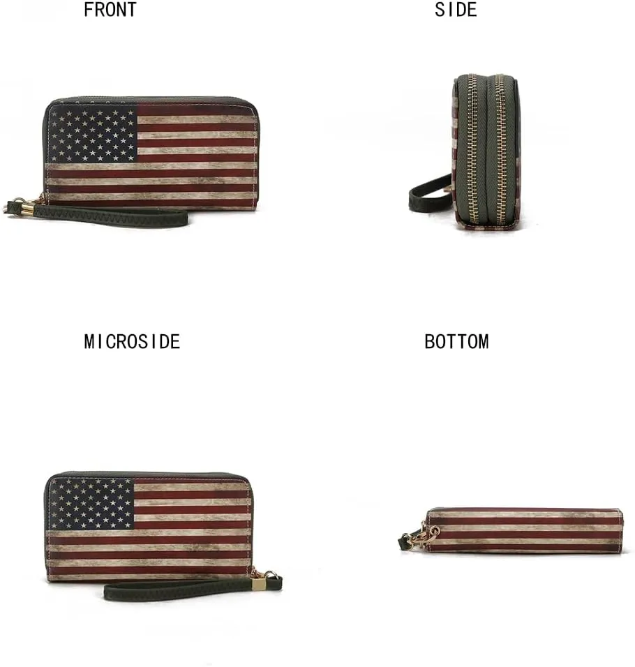 MKF Collection USA Wristlet Wallet for Women's, American Flag Vegan Leather Double Zipper Multi Pocket Small Patriotic Purse