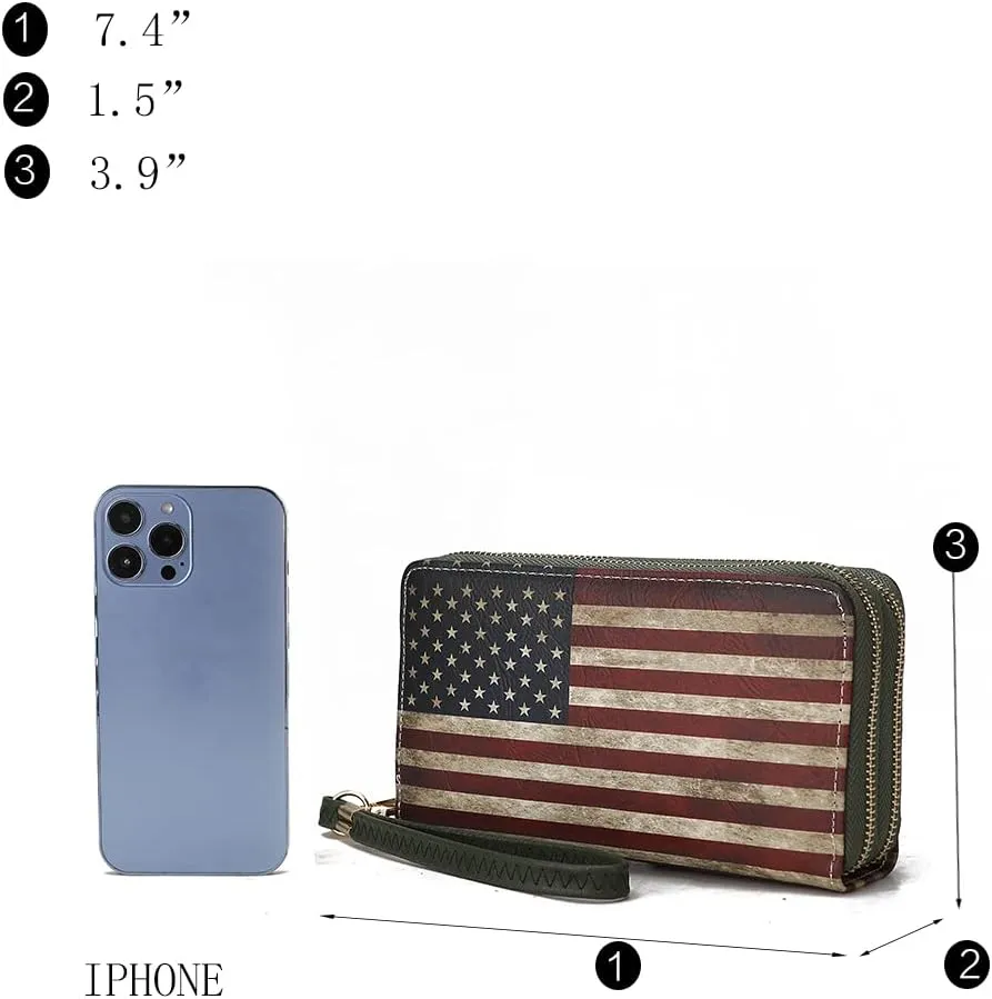 MKF Collection USA Wristlet Wallet for Women's, American Flag Vegan Leather Double Zipper Multi Pocket Small Patriotic Purse
