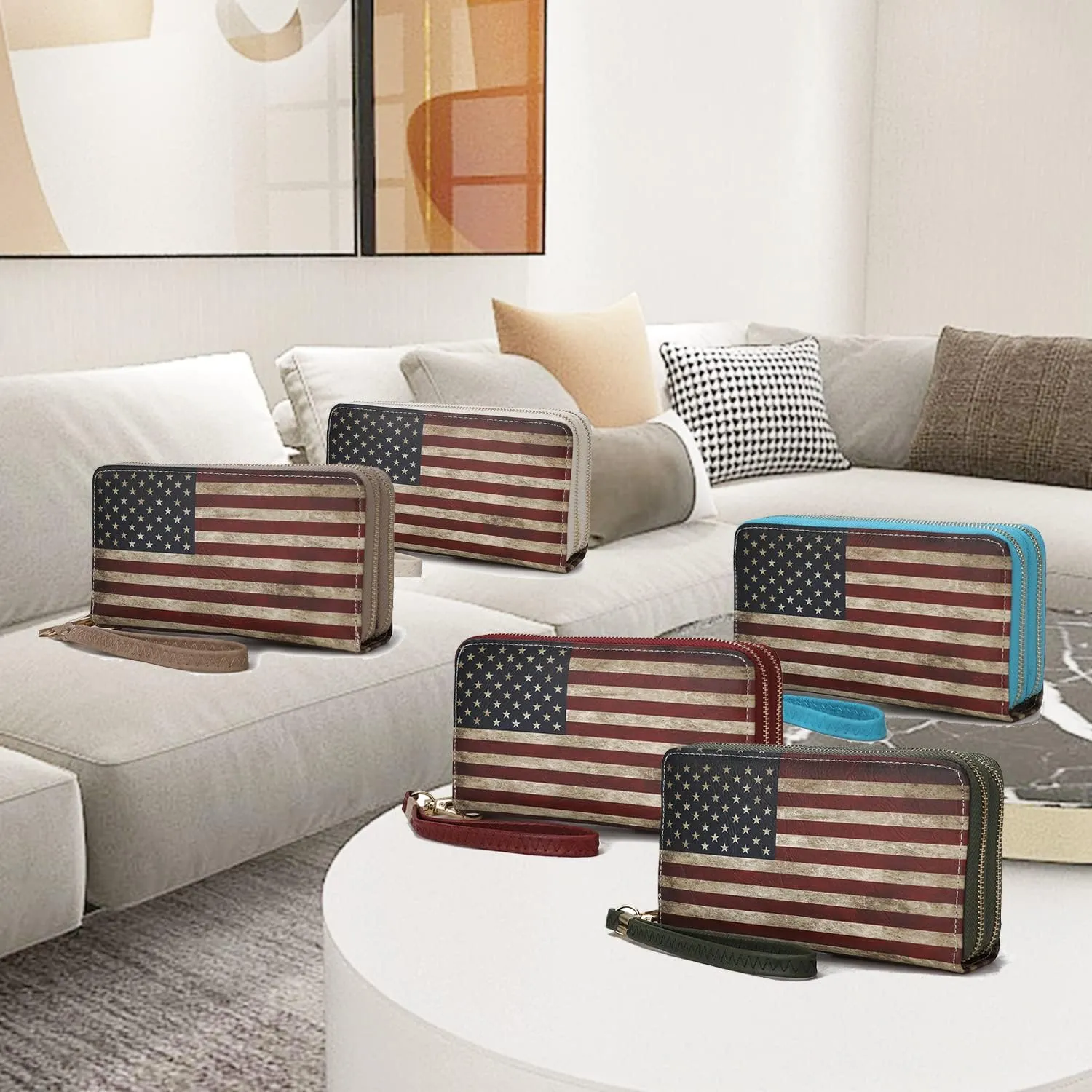 MKF Collection USA Wristlet Wallet for Women's, American Flag Vegan Leather Double Zipper Multi Pocket Small Patriotic Purse