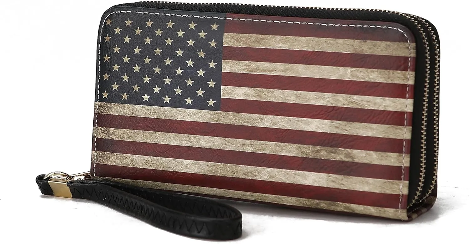 MKF Collection USA Wristlet Wallet for Women's, American Flag Vegan Leather Double Zipper Multi Pocket Small Patriotic Purse