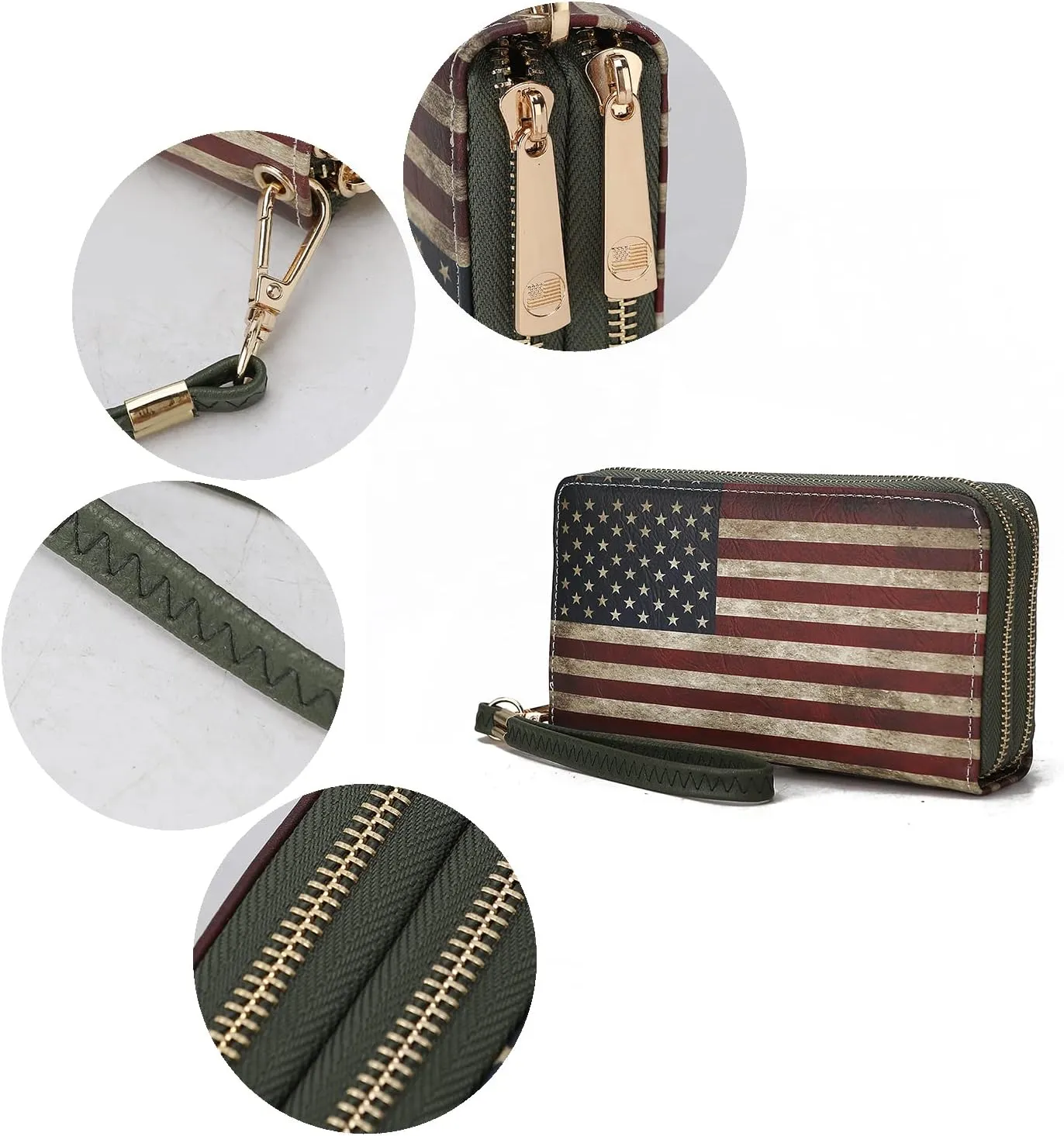 MKF Collection USA Wristlet Wallet for Women's, American Flag Vegan Leather Double Zipper Multi Pocket Small Patriotic Purse