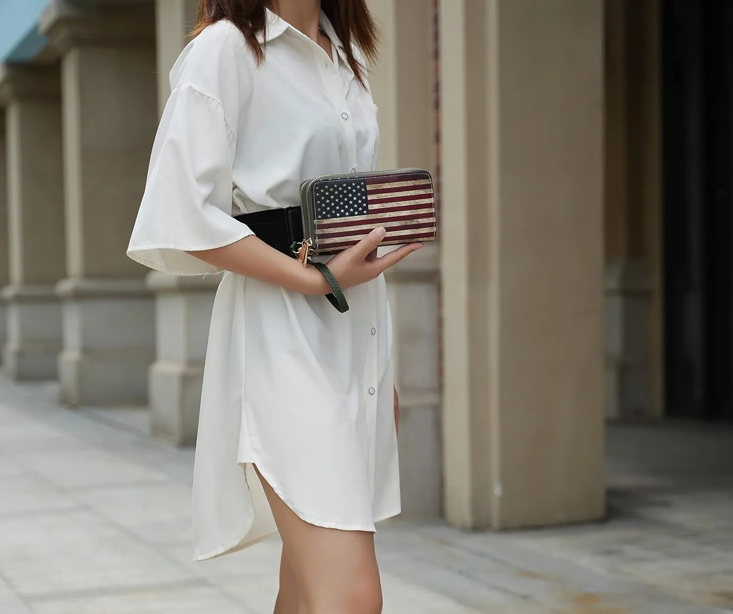 MKF Collection USA Wristlet Wallet for Women's, American Flag Vegan Leather Double Zipper Multi Pocket Small Patriotic Purse