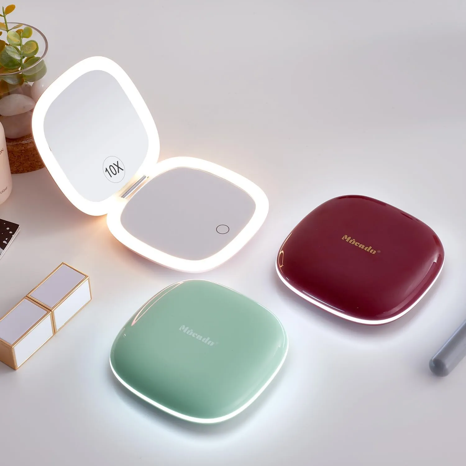 Mocado Compact LED Travel Makeup Mirror - 4 Inches 1X/10X Magnification Travel Mirror with Light Dimmable Double Sides Lighted USB Rechargeable Compact Mirror for Purse,Pocket,Travel(Wine Red)