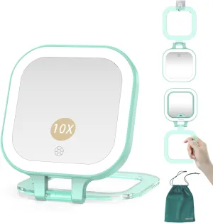 Mocado Compact Travel Makeup Mirror, 1X/10X Magnifying Mirror with Light, Double Sides Compact Mirror with 3 Color Light, Dimmable Handheld Mirror, Rechargeable Travel Mirror for Purse,Pocket(Green)