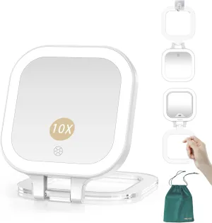 Mocado Compact Travel Makeup Mirror, 1X/10X Magnifying Mirror with Light, Double Sides Compact Mirror with 3 Color Light, Dimmable Handheld Mirror, Rechargeable Travel Mirror for Purse,Pocket(White)