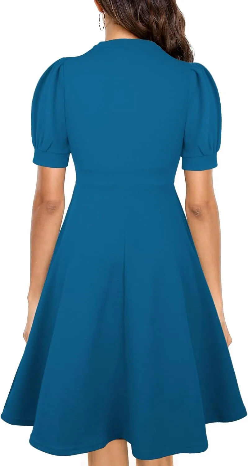 Mokayee Womens Summer Short Puff Sleeve Casual Semi-Formal Fit and Flare Church Wedding Guest Work Dresses with Pockets
