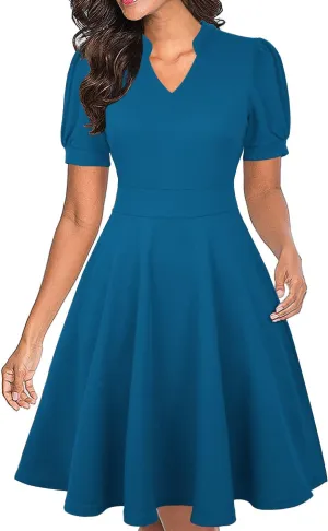 Mokayee Womens Summer Short Puff Sleeve Casual Semi-Formal Fit and Flare Church Wedding Guest Work Dresses with Pockets
