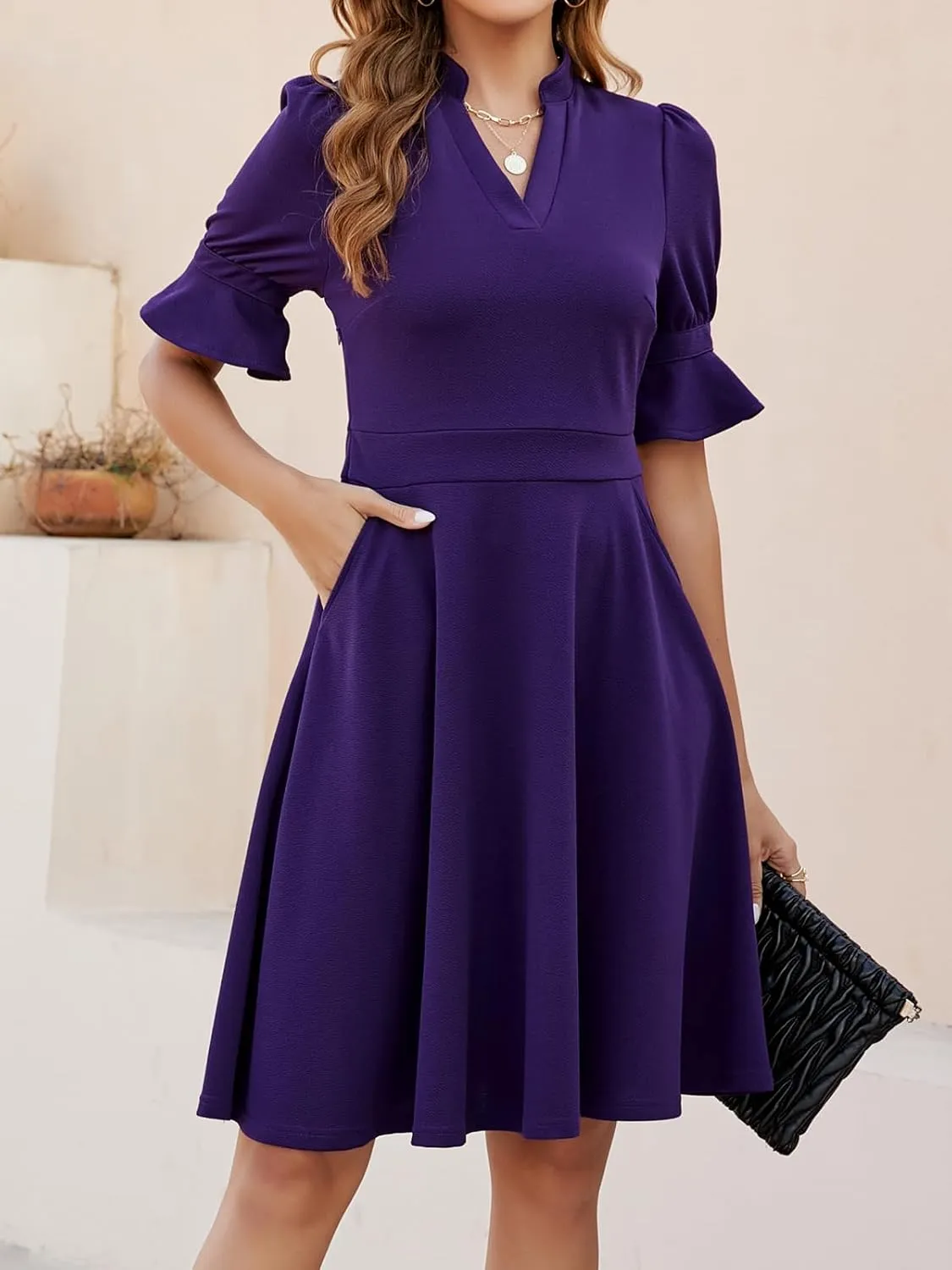 Mokayee Womens Summer V Neck Ruffle Short Sleeve Fit and Flare Knee Length Church Wedding Guest Dresses with Pockets