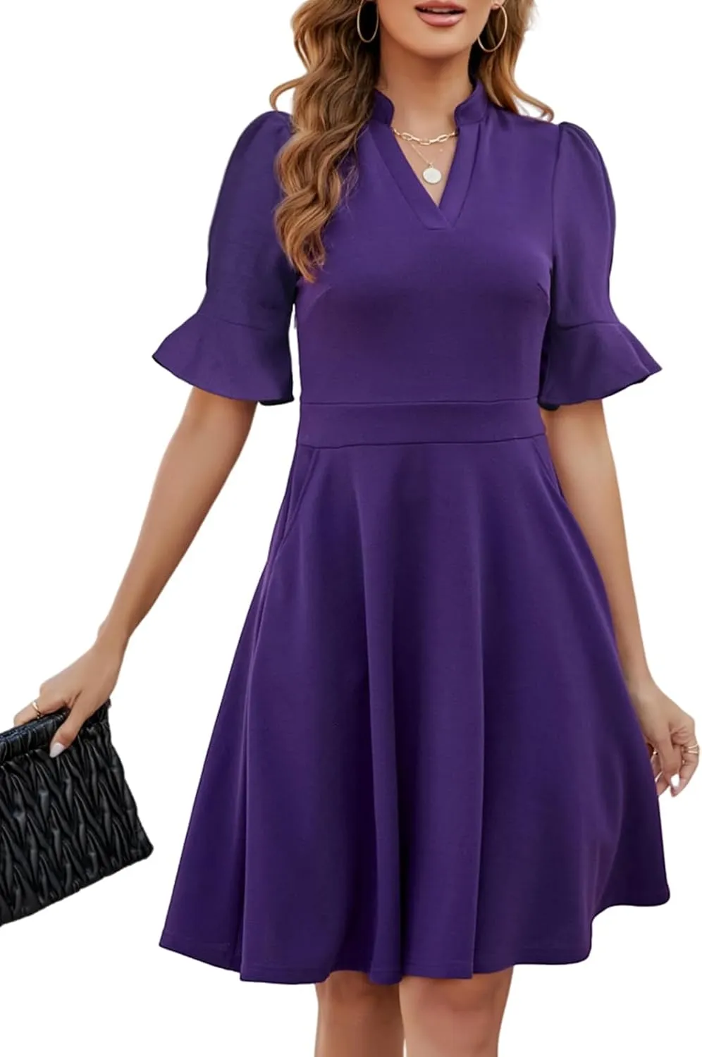 Mokayee Womens Summer V Neck Ruffle Short Sleeve Fit and Flare Knee Length Church Wedding Guest Dresses with Pockets