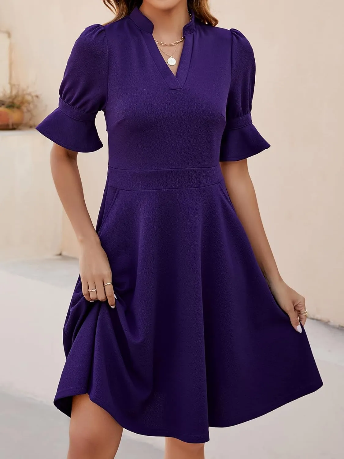 Mokayee Womens Summer V Neck Ruffle Short Sleeve Fit and Flare Knee Length Church Wedding Guest Dresses with Pockets