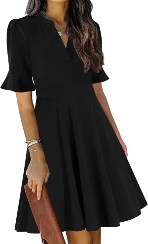 Mokayee Womens Summer V Neck Ruffle Short Sleeve Fit and Flare Knee Length Church Wedding Guest Dresses with Pockets