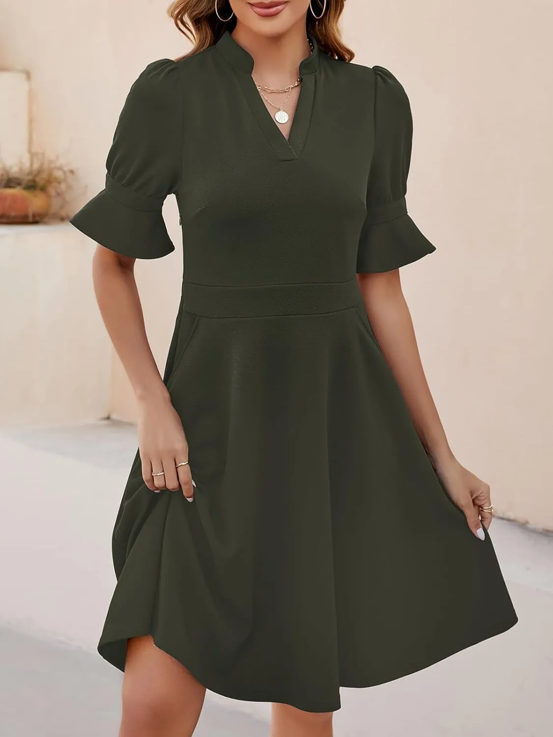 Mokayee Womens Summer V Neck Ruffle Short Sleeve Fit and Flare Knee Length Church Wedding Guest Dresses with Pockets