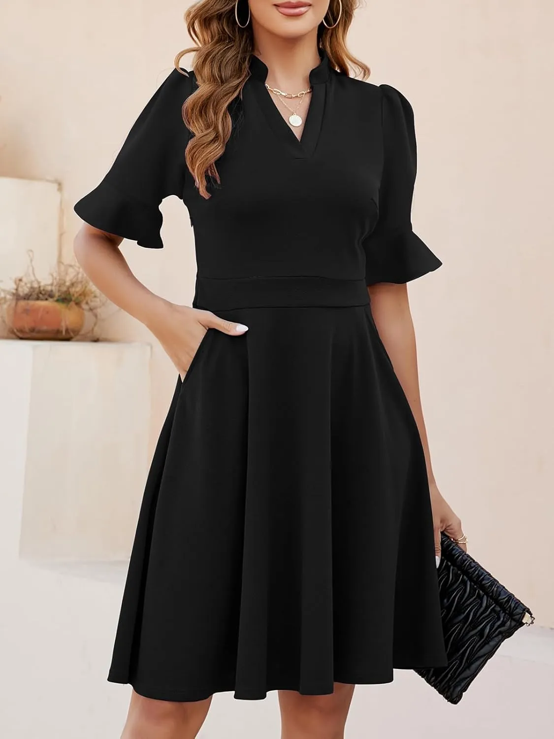Mokayee Womens Summer V Neck Ruffle Short Sleeve Fit and Flare Knee Length Church Wedding Guest Dresses with Pockets