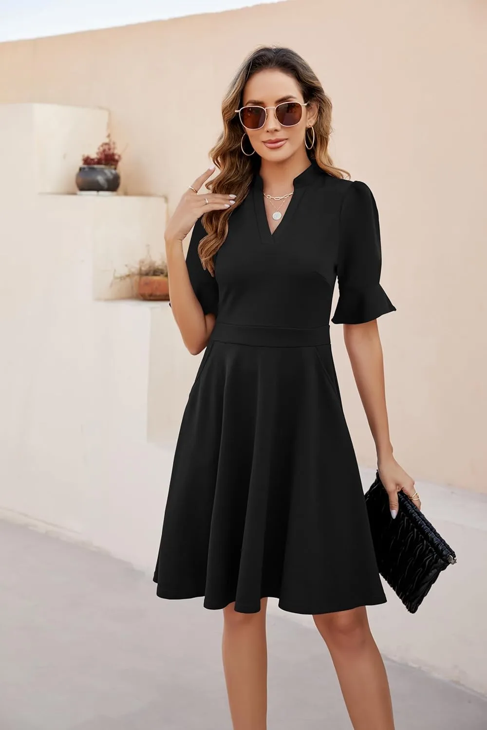 Mokayee Womens Summer V Neck Ruffle Short Sleeve Fit and Flare Knee Length Church Wedding Guest Dresses with Pockets