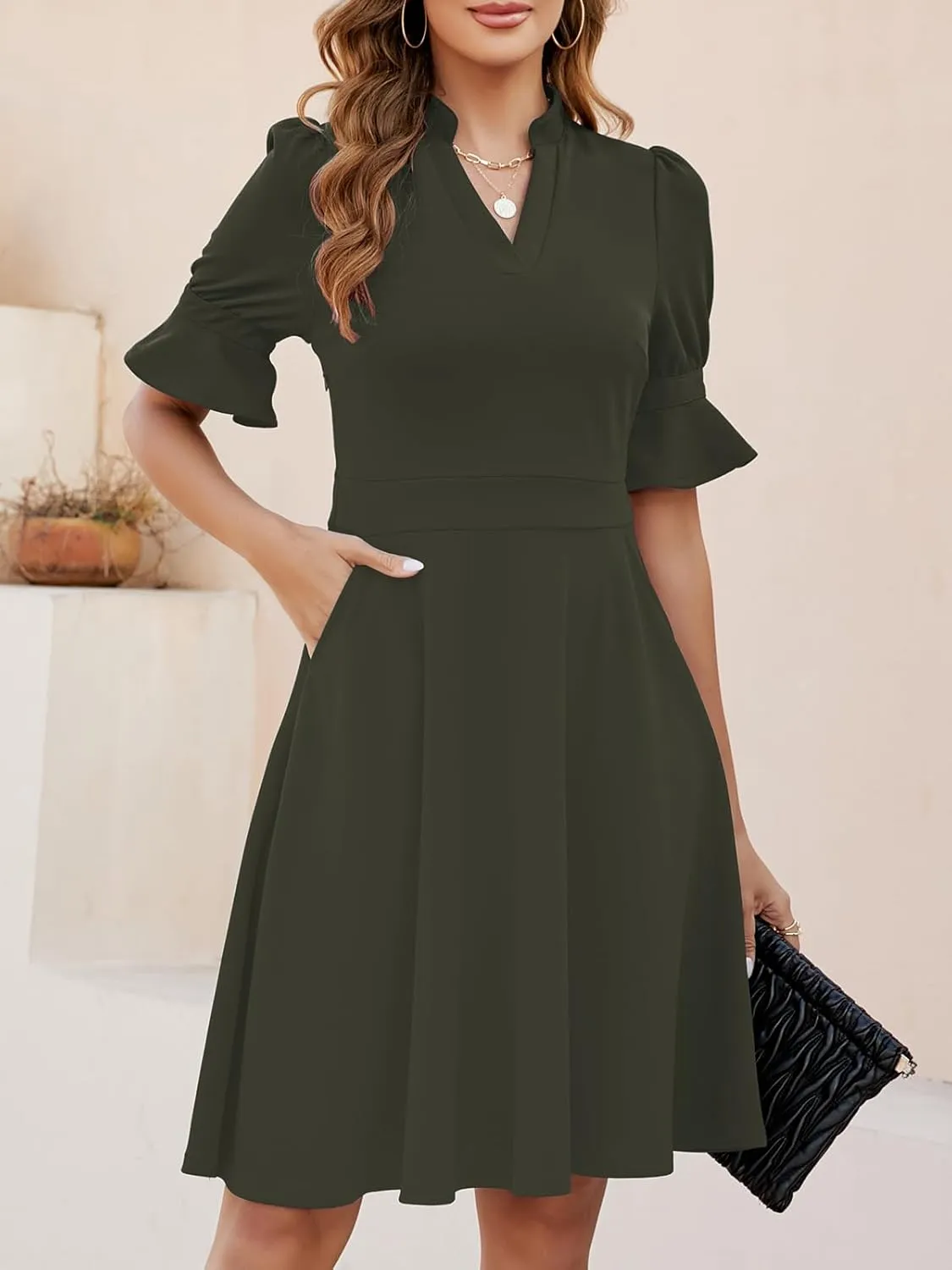 Mokayee Womens Summer V Neck Ruffle Short Sleeve Fit and Flare Knee Length Church Wedding Guest Dresses with Pockets