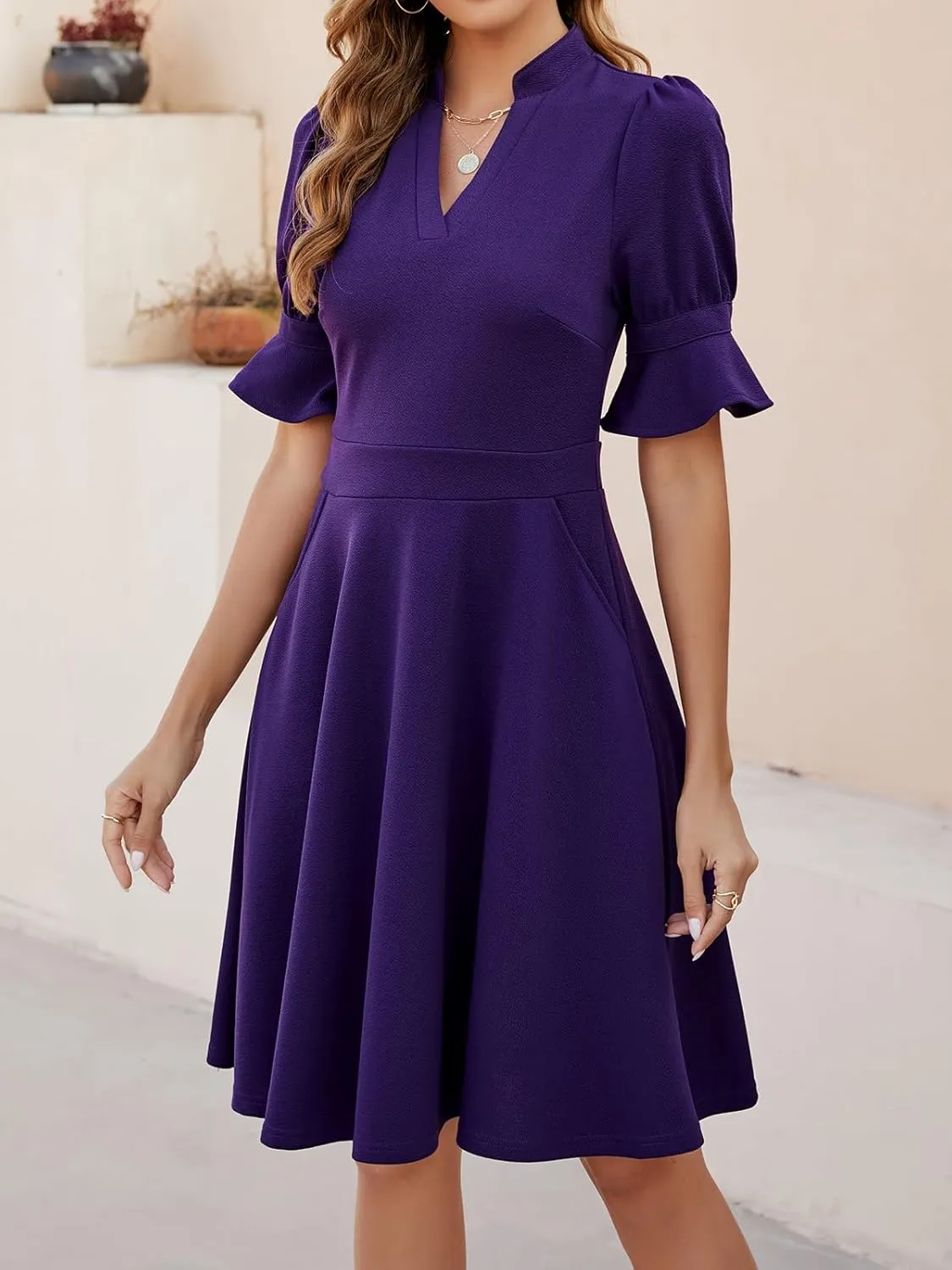 Mokayee Womens Summer V Neck Ruffle Short Sleeve Fit and Flare Knee Length Church Wedding Guest Dresses with Pockets