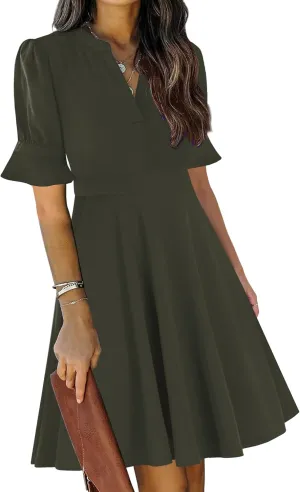 Mokayee Womens Summer V Neck Ruffle Short Sleeve Fit and Flare Knee Length Church Wedding Guest Dresses with Pockets