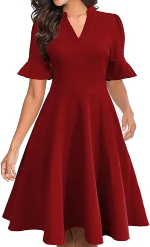 Mokayee Womens Summer V Neck Ruffle Short Sleeve Fit and Flare Knee Length Church Wedding Guest Dresses with Pockets