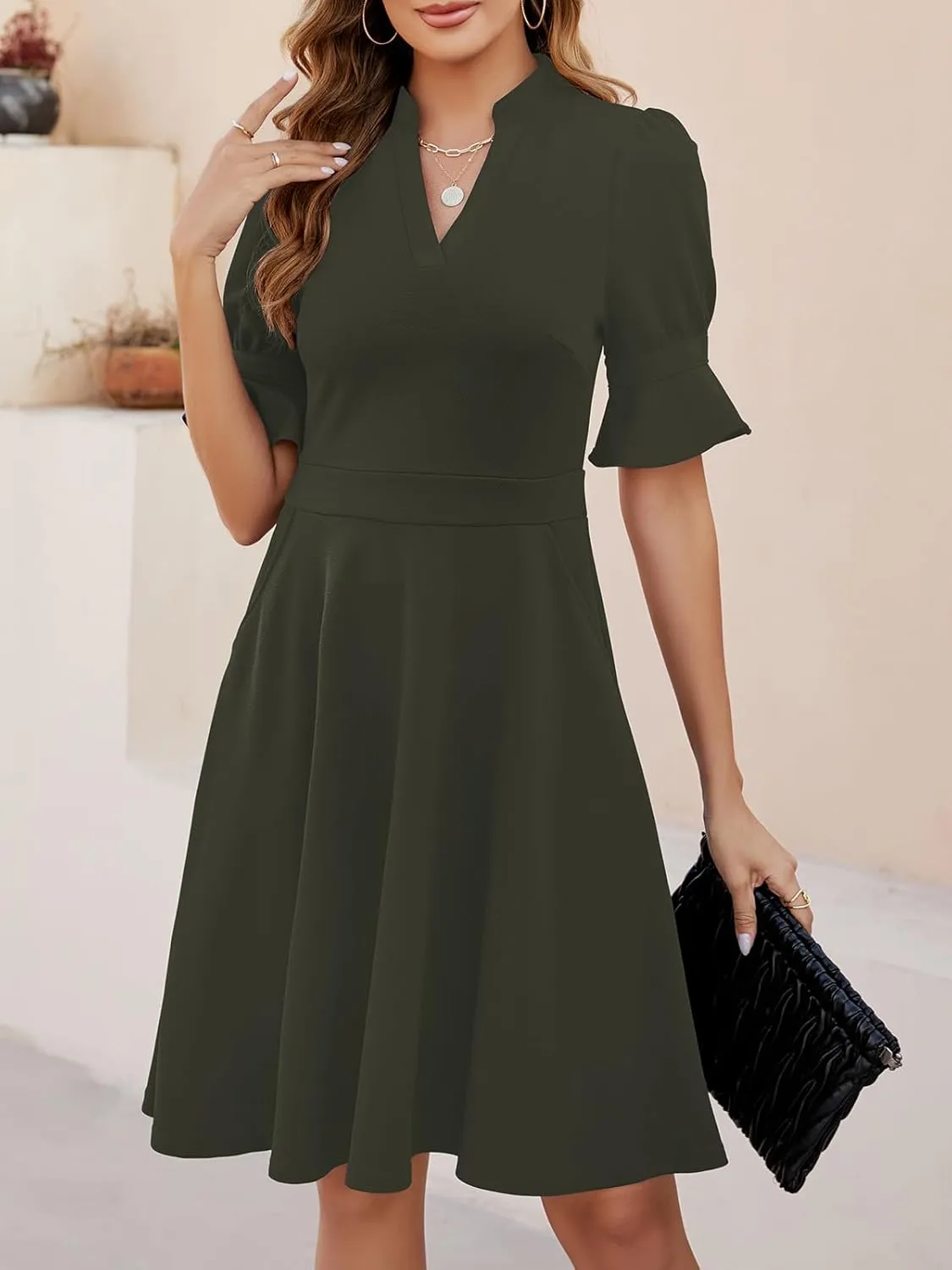 Mokayee Womens Summer V Neck Ruffle Short Sleeve Fit and Flare Knee Length Church Wedding Guest Dresses with Pockets