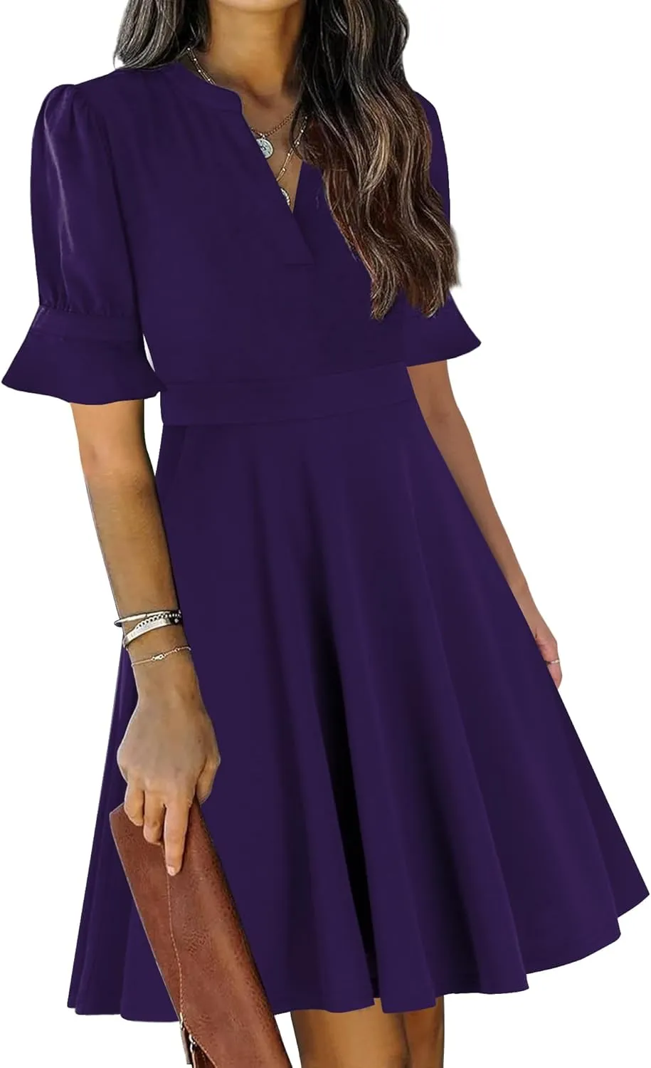 Mokayee Womens Summer V Neck Ruffle Short Sleeve Fit and Flare Knee Length Church Wedding Guest Dresses with Pockets