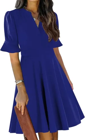 Mokayee Womens Summer V Neck Ruffle Short Sleeve Fit and Flare Knee Length Church Wedding Guest Dresses with Pockets