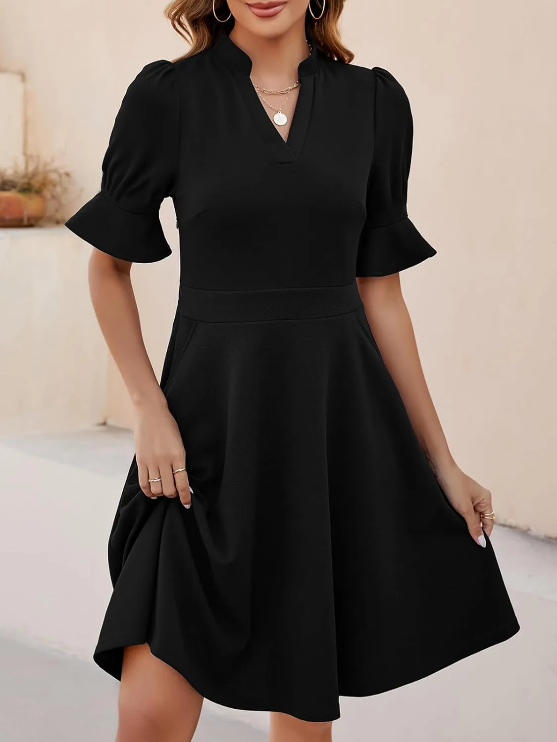Mokayee Womens Summer V Neck Ruffle Short Sleeve Fit and Flare Knee Length Church Wedding Guest Dresses with Pockets
