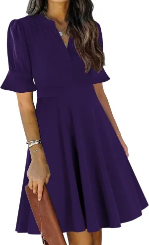 Mokayee Womens Summer V Neck Ruffle Short Sleeve Fit and Flare Knee Length Church Wedding Guest Dresses with Pockets