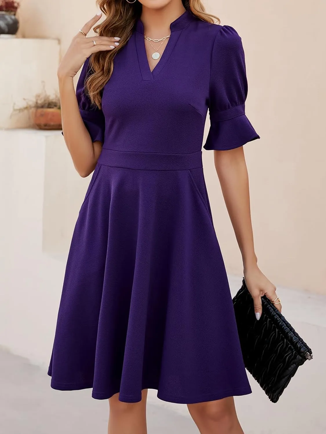 Mokayee Womens Summer V Neck Ruffle Short Sleeve Fit and Flare Knee Length Church Wedding Guest Dresses with Pockets