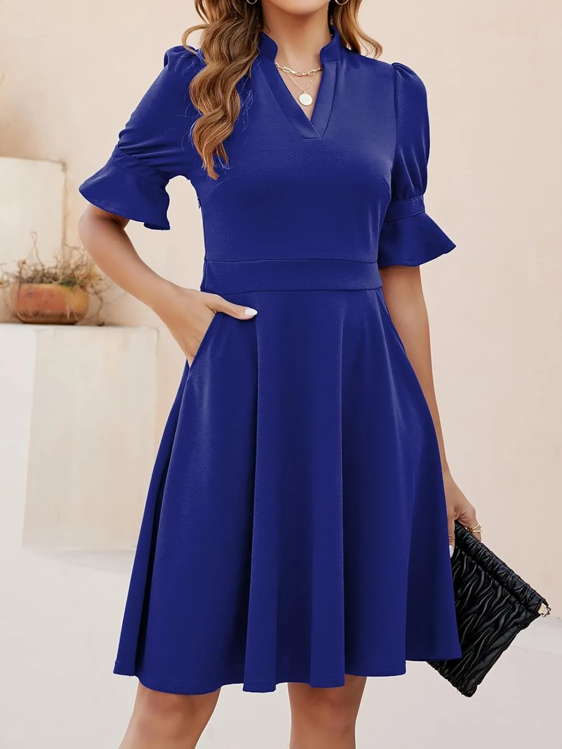 Mokayee Womens Summer V Neck Ruffle Short Sleeve Fit and Flare Knee Length Church Wedding Guest Dresses with Pockets