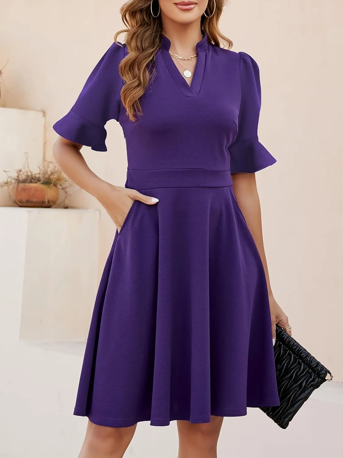 Mokayee Womens Summer V Neck Ruffle Short Sleeve Fit and Flare Knee Length Church Wedding Guest Dresses with Pockets