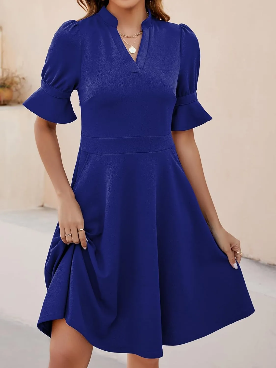 Mokayee Womens Summer V Neck Ruffle Short Sleeve Fit and Flare Knee Length Church Wedding Guest Dresses with Pockets