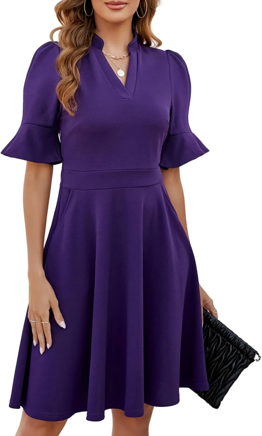 Mokayee Womens Summer V Neck Ruffle Short Sleeve Fit and Flare Knee Length Church Wedding Guest Dresses with Pockets