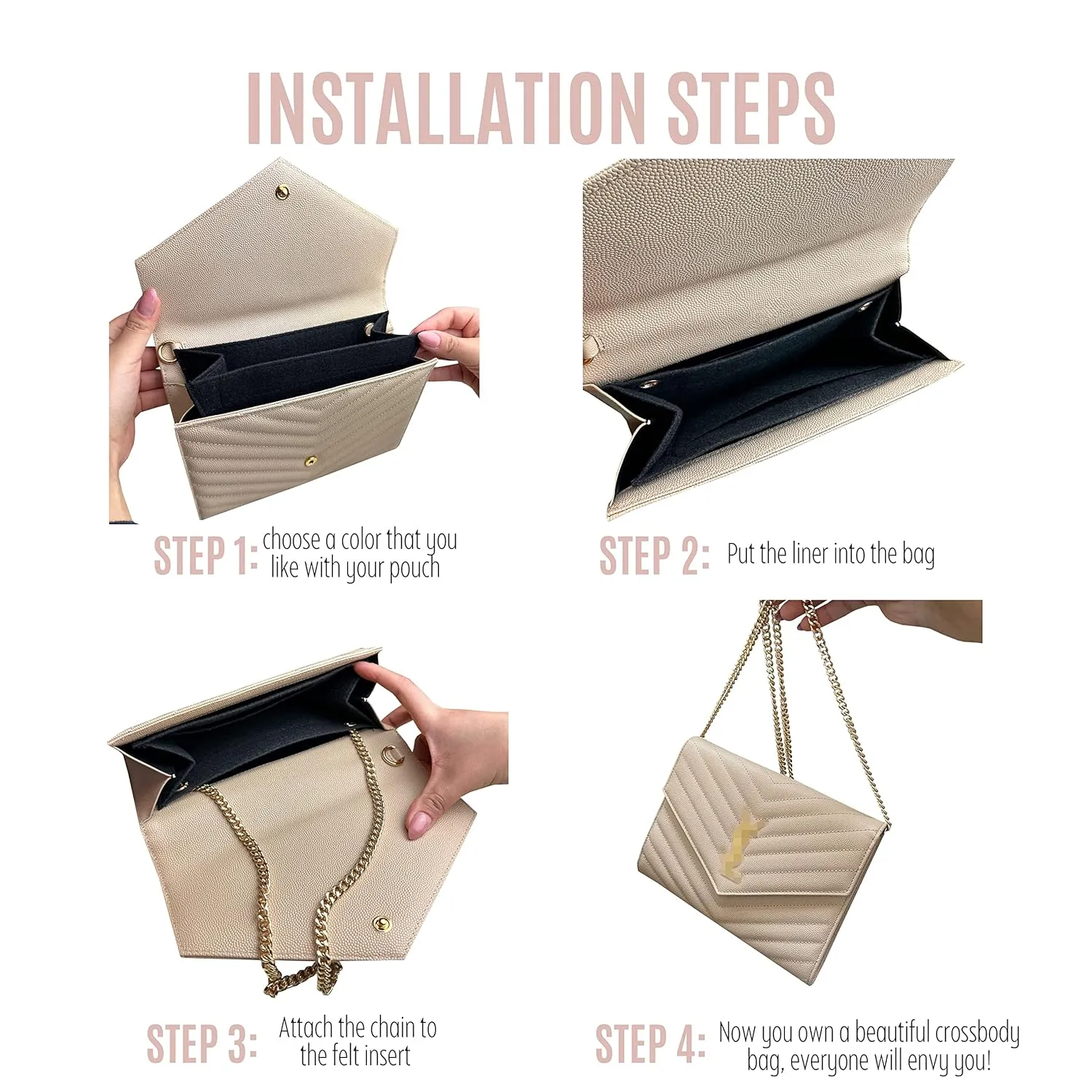 Monogram Clutch Conversion Kit with Gold Chain Wristlet Insert Wallet on Chain Cassandre Clutch Insert (Beige, Chain 9 - Gold)