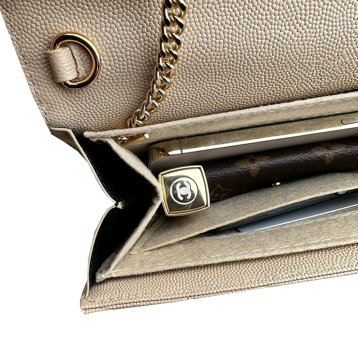 Monogram Clutch Conversion Kit with Gold Chain Wristlet Insert Wallet on Chain Cassandre Clutch Insert (Beige, Chain 9 - Gold)