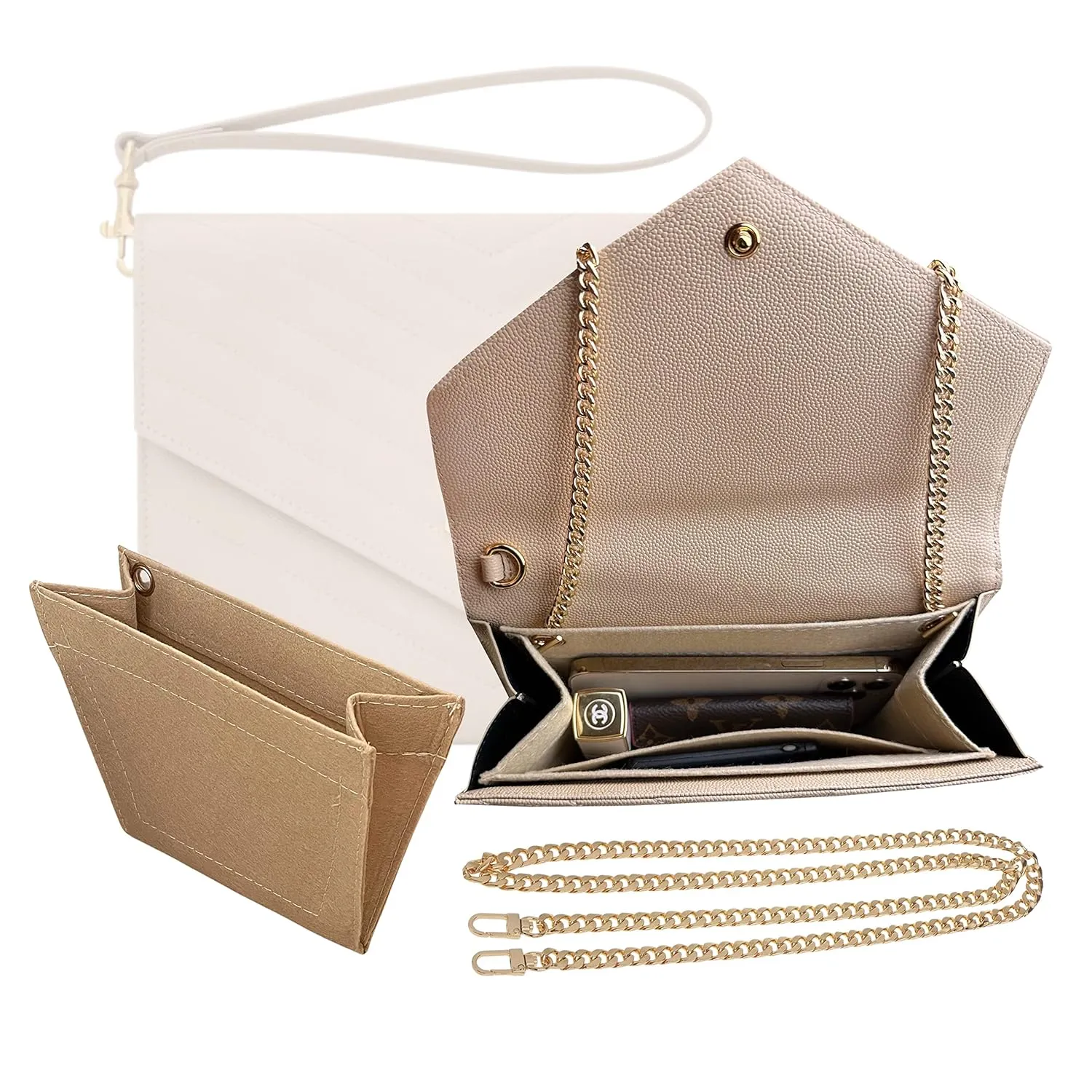 Monogram Clutch Conversion Kit with Gold Chain Wristlet Insert Wallet on Chain Cassandre Clutch Insert (Beige, Chain 9 - Gold)