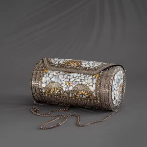 Mosaic White Studded Stones Oxidized Cylinder shaped Metal Bag - With Oxidized Chain