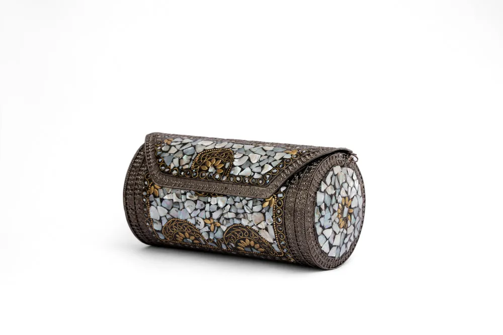 Mosaic White Studded Stones Oxidized Cylinder shaped Metal Bag - With Oxidized Chain