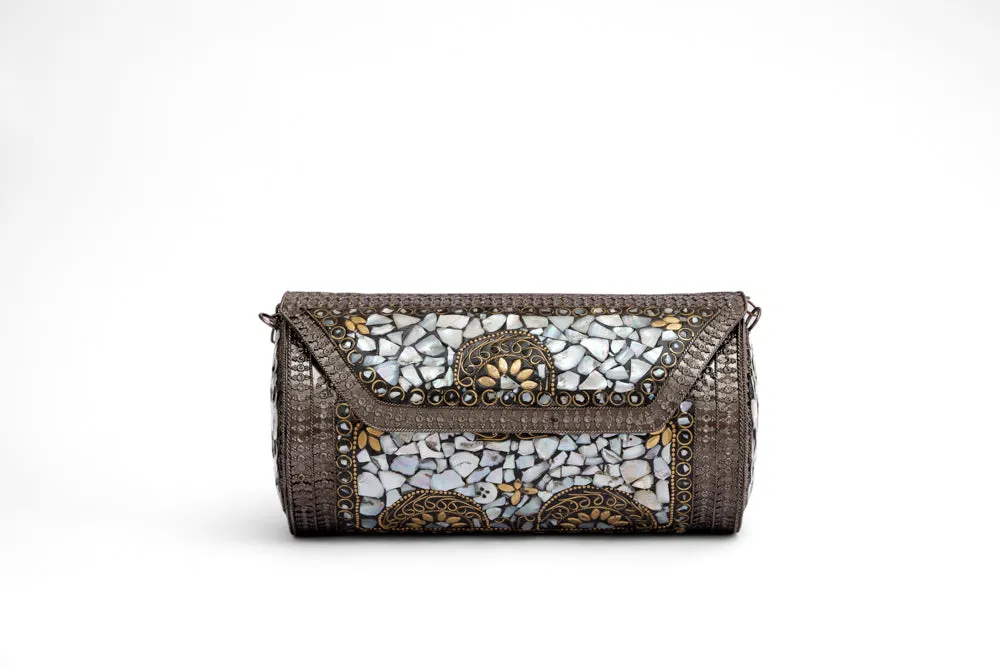Mosaic White Studded Stones Oxidized Cylinder shaped Metal Bag - With Oxidized Chain