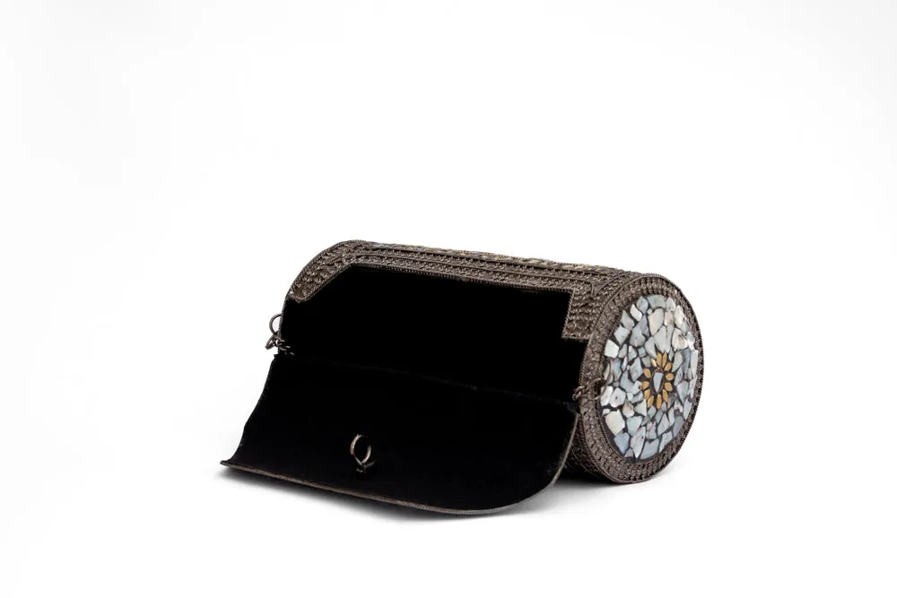 Mosaic White Studded Stones Oxidized Cylinder shaped Metal Bag - With Oxidized Chain