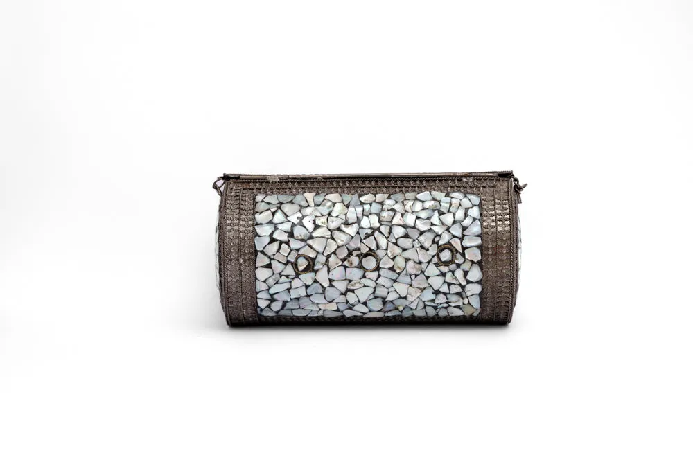 Mosaic White Studded Stones Oxidized Cylinder shaped Metal Bag - With Oxidized Chain