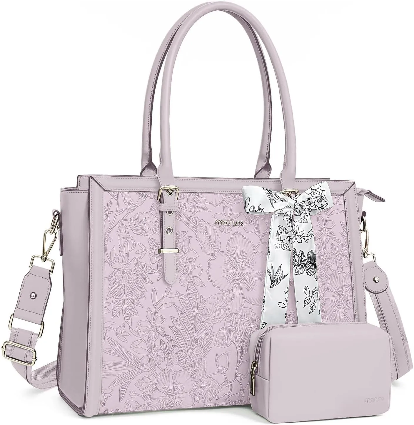 MOSISO Laptop Tote for Women, 17-17.3 inch PU Leather Compatible with MacBook, HP, Dell, Asus Notebook, Front Embossed Retro Hibiscus Computer Bag with Silk Scarf&Clutch Purse, Dusty Lilac