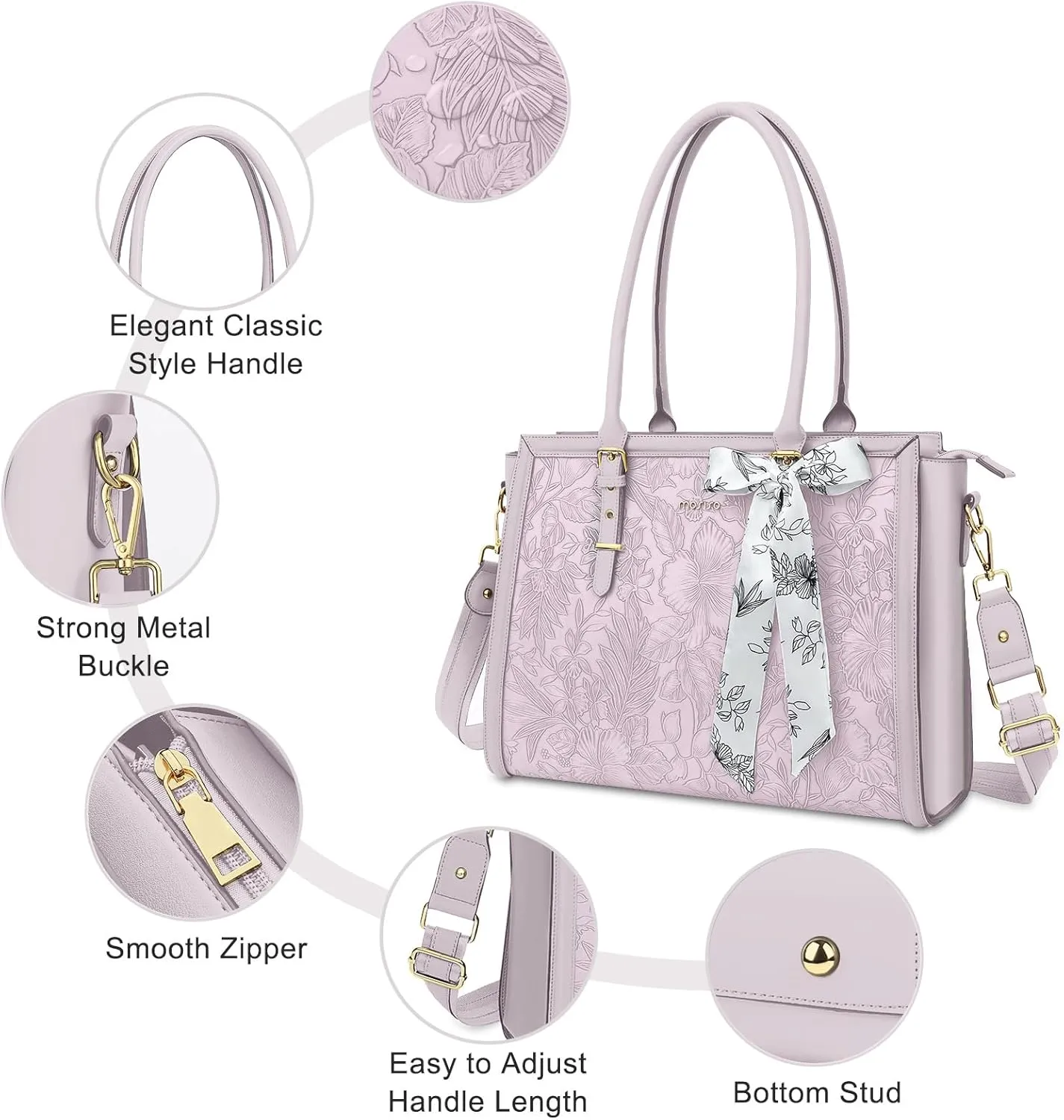 MOSISO Laptop Tote for Women, 17-17.3 inch PU Leather Compatible with MacBook, HP, Dell, Asus Notebook, Front Embossed Retro Hibiscus Computer Bag with Silk Scarf&Clutch Purse, Dusty Lilac