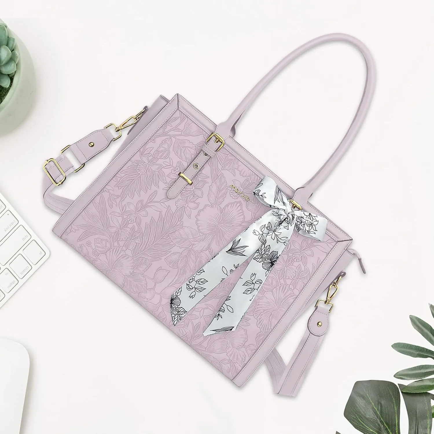 MOSISO Laptop Tote for Women, 17-17.3 inch PU Leather Compatible with MacBook, HP, Dell, Asus Notebook, Front Embossed Retro Hibiscus Computer Bag with Silk Scarf&Clutch Purse, Dusty Lilac