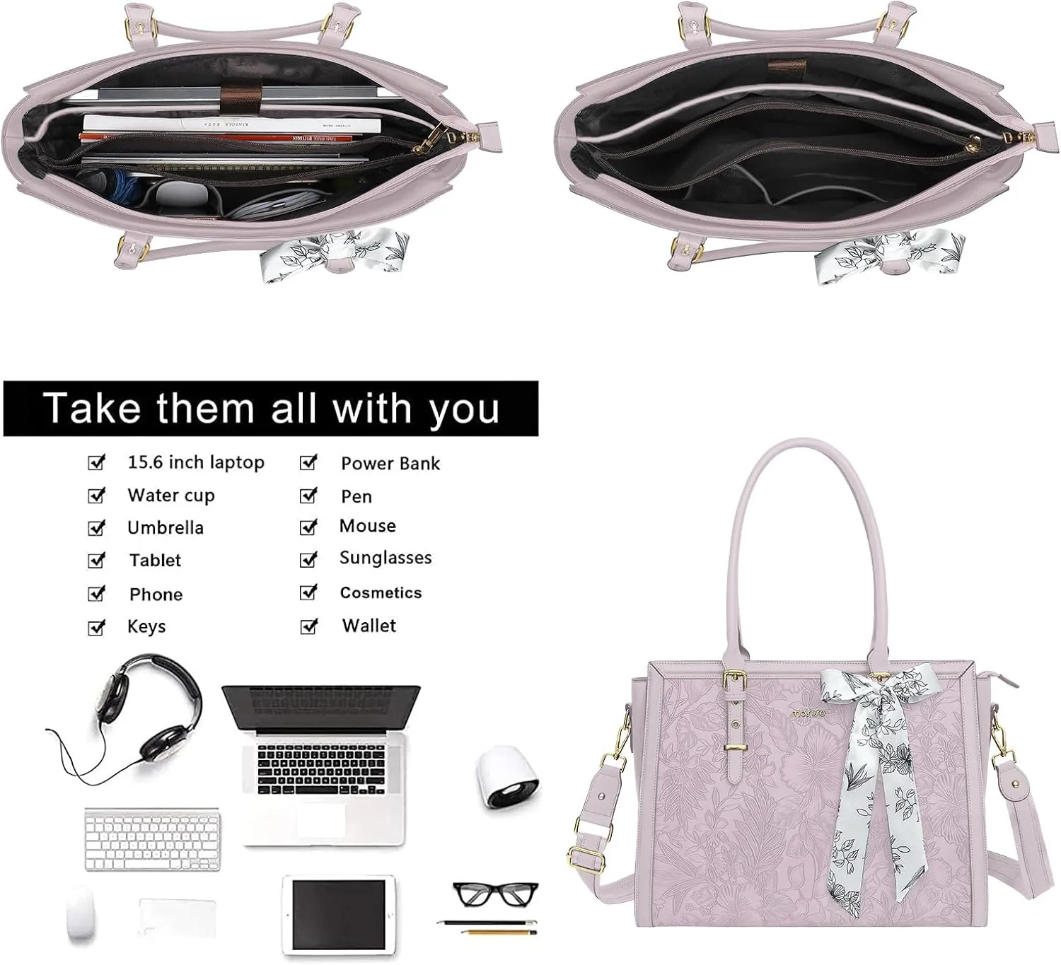 MOSISO Laptop Tote for Women, 17-17.3 inch PU Leather Compatible with MacBook, HP, Dell, Asus Notebook, Front Embossed Retro Hibiscus Computer Bag with Silk Scarf&Clutch Purse, Dusty Lilac
