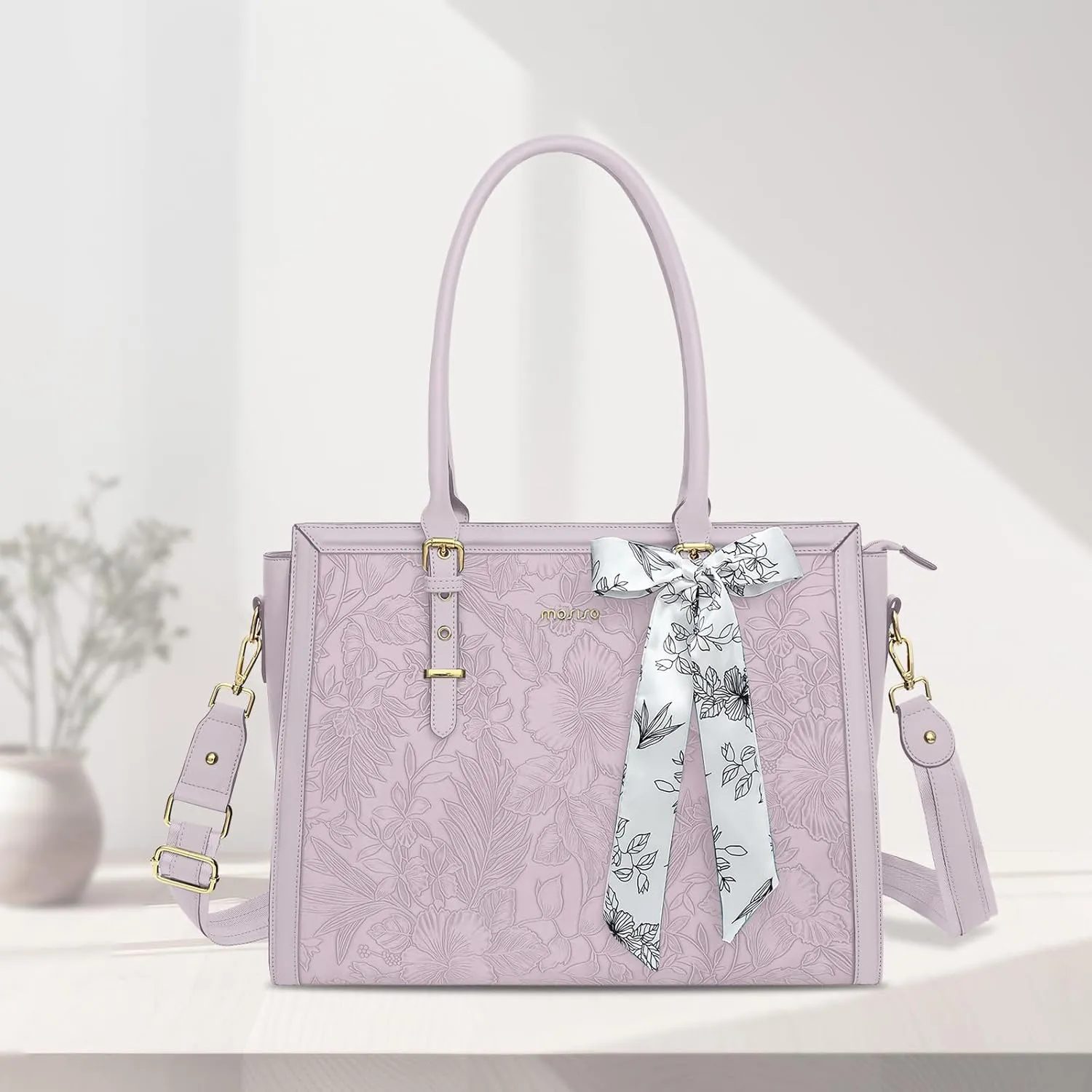 MOSISO Laptop Tote for Women, 17-17.3 inch PU Leather Compatible with MacBook, HP, Dell, Asus Notebook, Front Embossed Retro Hibiscus Computer Bag with Silk Scarf&Clutch Purse, Dusty Lilac