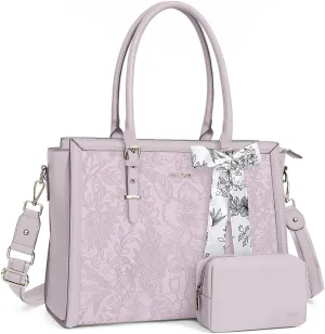 MOSISO Laptop Tote for Women, 17-17.3 inch PU Leather Compatible with MacBook, HP, Dell, Asus Notebook, Front Embossed Retro Hibiscus Computer Bag with Silk Scarf&Clutch Purse, Dusty Lilac