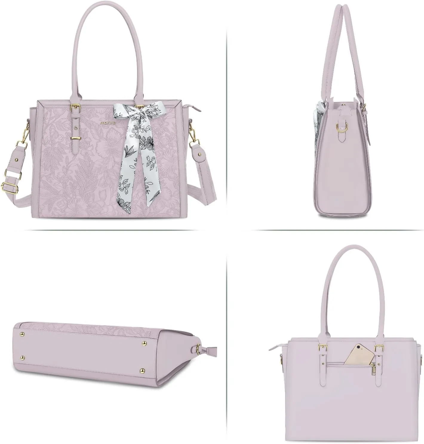 MOSISO Laptop Tote for Women, 17-17.3 inch PU Leather Compatible with MacBook, HP, Dell, Asus Notebook, Front Embossed Retro Hibiscus Computer Bag with Silk Scarf&Clutch Purse, Dusty Lilac