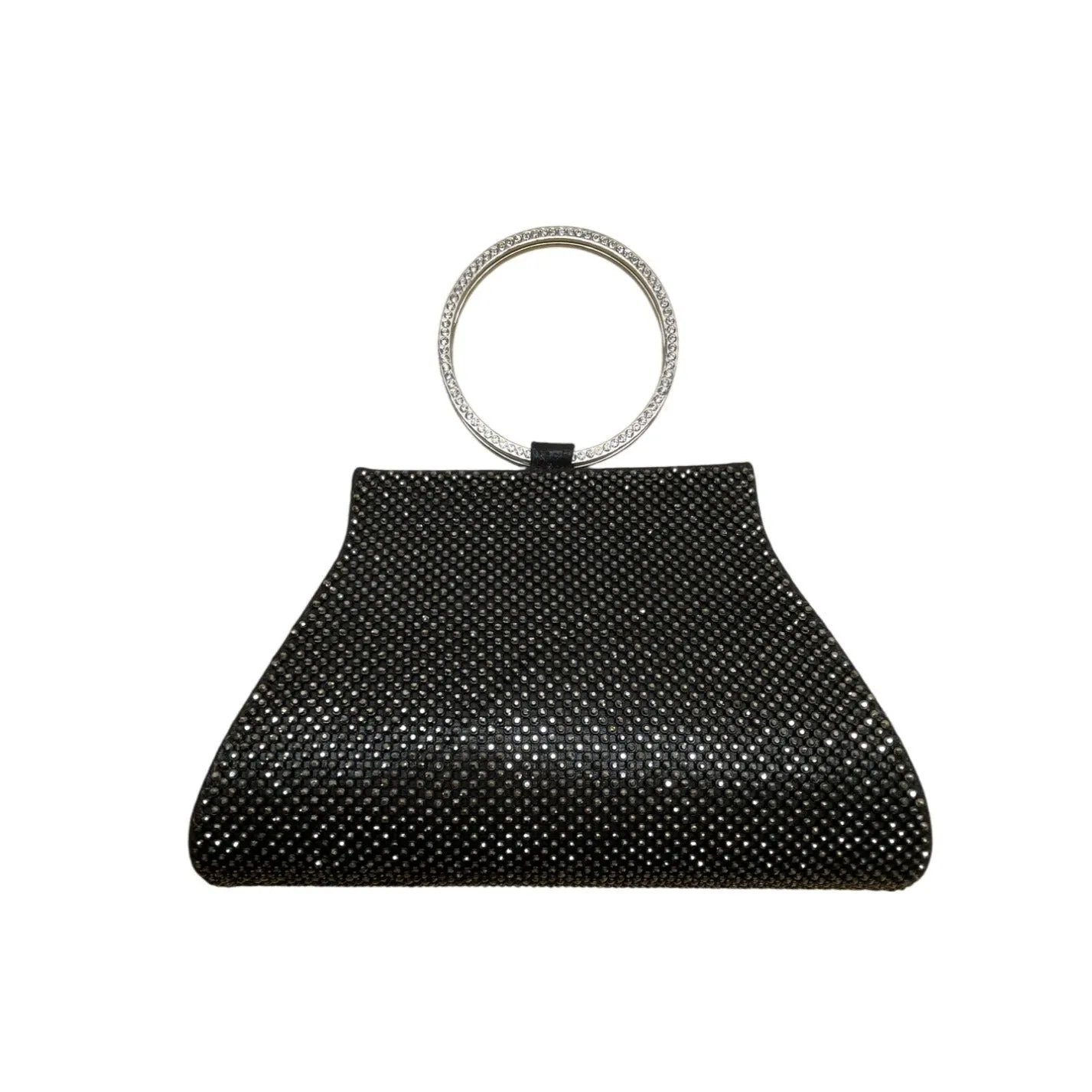 Mossmon Black Rhinestone Silver Handle Satin Lining Snap Closure Evening Clutch