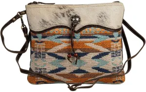 Myra Bag Purses for Women - Sun Serape Cowhide Purse and Tribal-Inspired Upcycled Woven Rug in Hues of Rust, Orange, Blues, and Ivory, Western Purses for Women